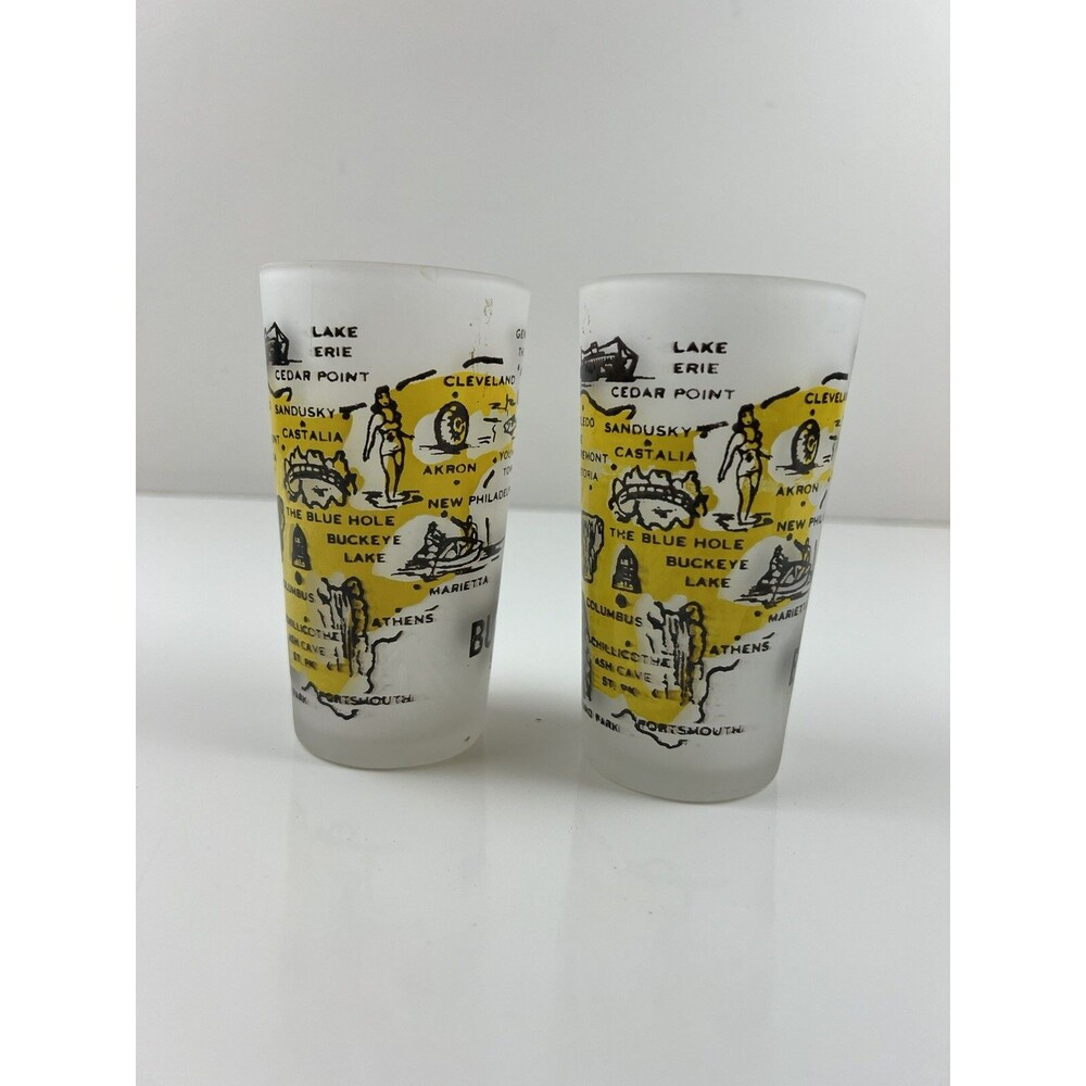Vintage Set Of 2 Ohio Frosted Souvenir Glass Tumbler 4.75" Hazel Atlas Kitschy - Picture 3 of 12